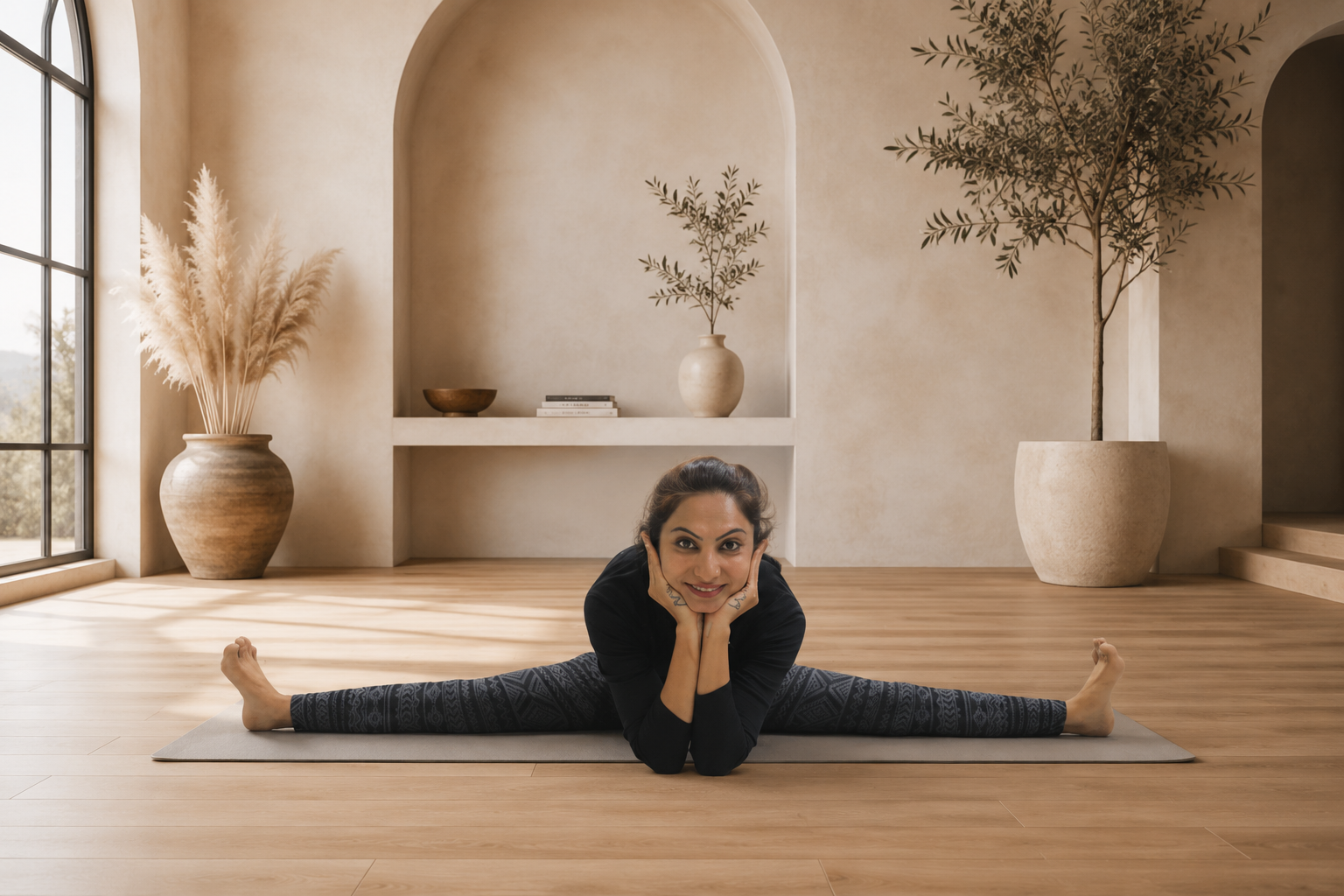 Yoga split pose in serene studio