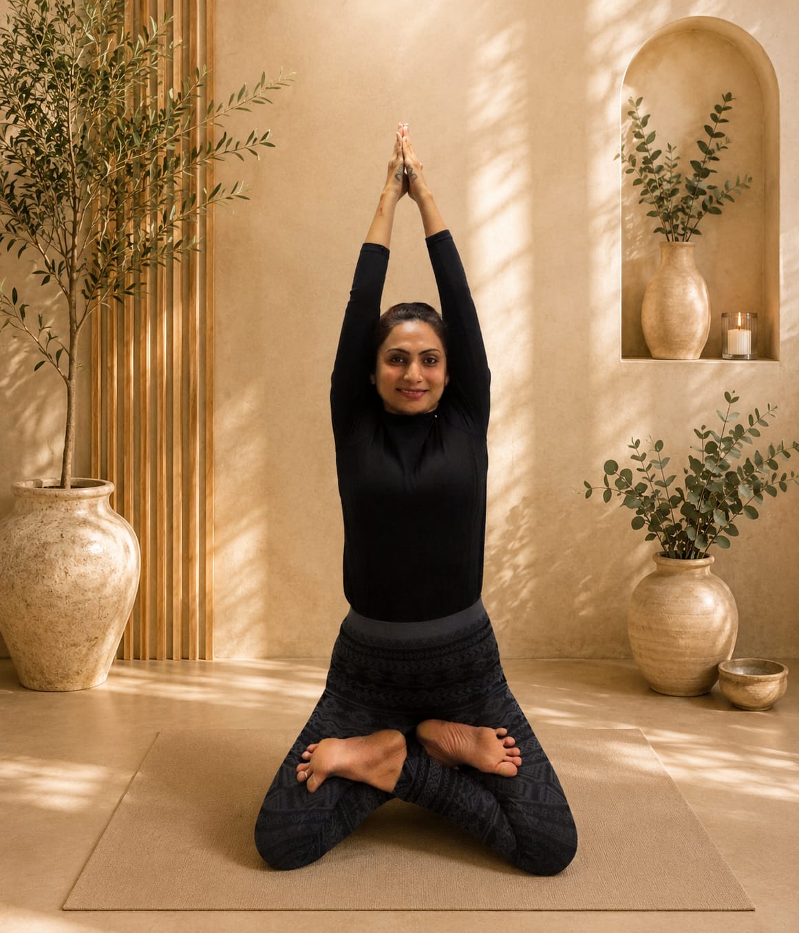 Seated yoga pose with arms raised